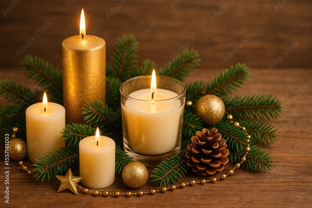 Festive holiday setup featuring candles, seasonal ornaments, and evergreen sprigs on a rustic wooden surface. Festive holiday setup featuring candles, seasonal ornaments, and evergreen sprigs on a rustic wooden surface.