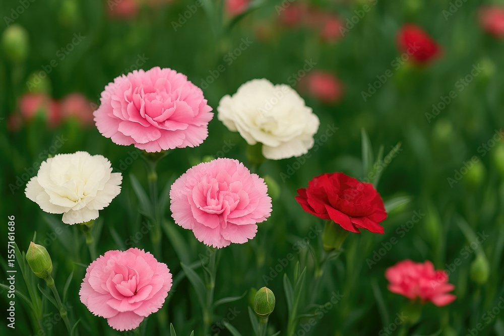 A cultivated variety of clove pink featuring double blossoms and vibrant pink, white, or red flowers with gray-green foliage A cultivated variety of clove pink featuring double blossoms and vibrant pink, white, or red flowers with gray-green foliage