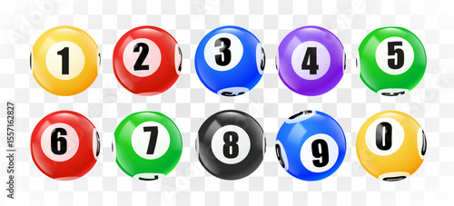 Bingo balls with numbers set on transparent background. 3D lotto game balls, lotteries gaming event. Vector illustration