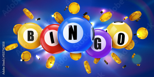 Bingo banner. Floating 3D lotto game balls, lotteries gaming event promotion with golden coins. Vector illustration