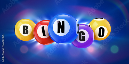 Bingo balls banner. 3D lotto game balls, lotteries gaming event. Vector illustration