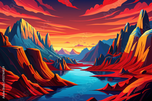 fjord landscape with red cliffs and deep blue waters, towering red granite cliffs reflecting into crystal clear blue water