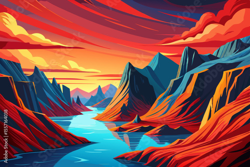 fjord landscape with red cliffs and deep blue waters, towering red granite cliffs reflecting into crystal clear blue water