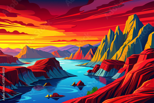 fjord landscape with red cliffs and deep blue waters, towering red granite cliffs reflecting into crystal clear blue water