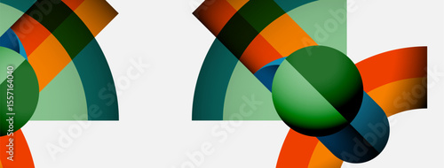 Abstract composition featuring overlapping colorful arcs, spheres. Minimalist design with muted tones, clean lines, modern aesthetic.
