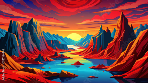 fjord landscape with red cliffs and deep blue waters, towering red granite cliffs reflecting into crystal clear blue water