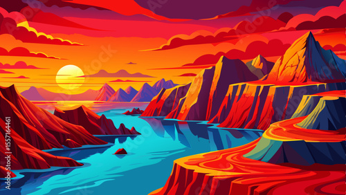 fjord landscape with red cliffs and deep blue waters, towering red granite cliffs reflecting into crystal clear blue water