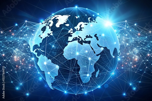 A glowing blue digital globe with interconnected lines, representing global communication and networking