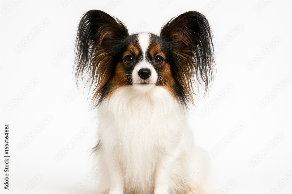 Small dog breed standing against plain white backdrop Small dog breed standing against plain white backdrop