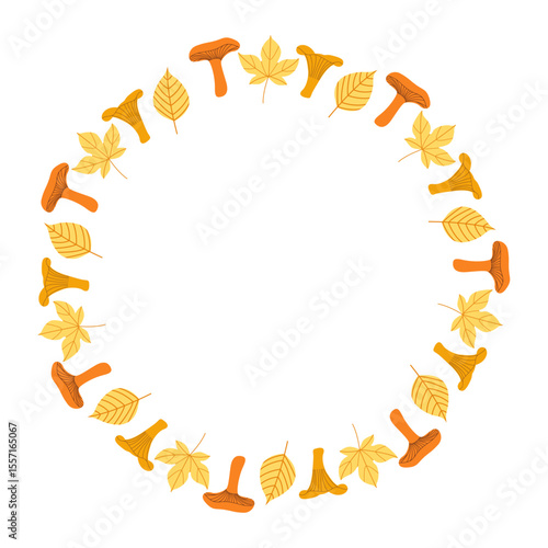 A wreath of chanterelle mushrooms and leaves. Botanical illustration. Vector illustration