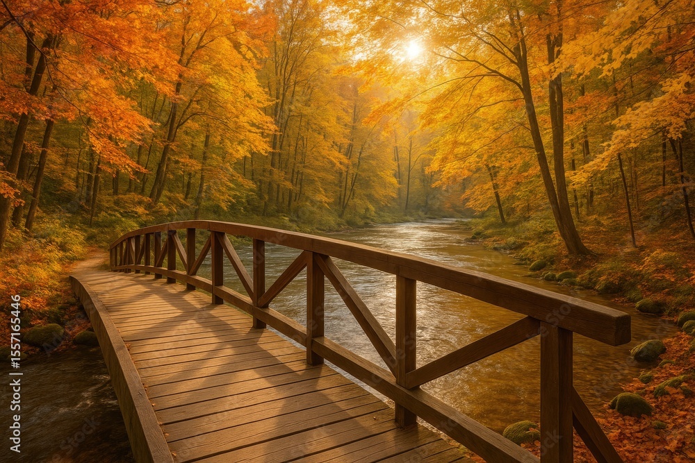 Fototapeta premium Scenic autumn pathway across a wooden bridge over a flowing river