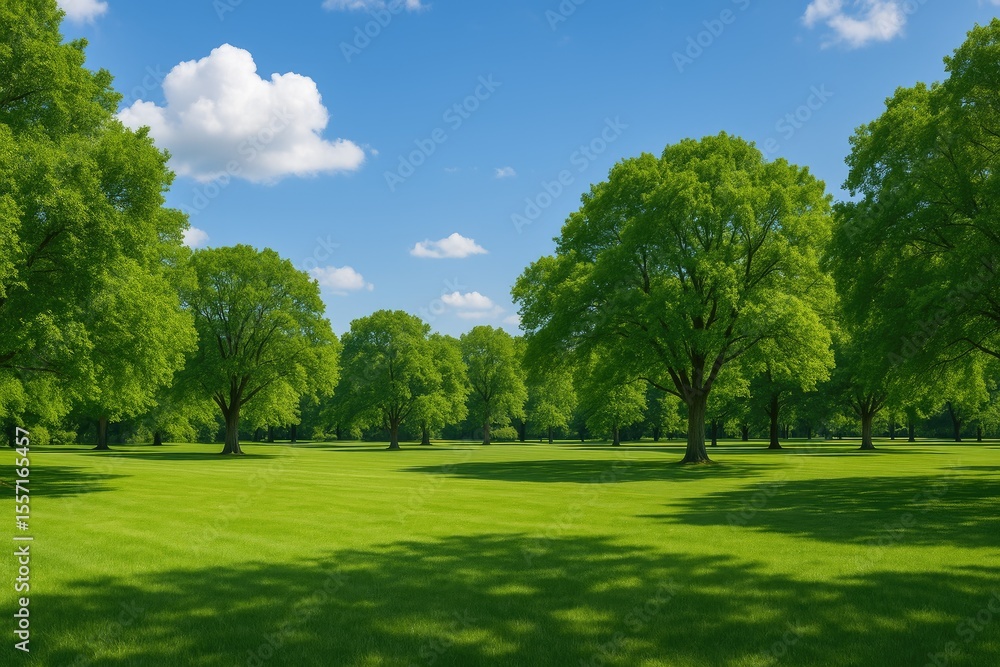 Fototapeta premium Scenic park view featuring greenery and open grassy areas