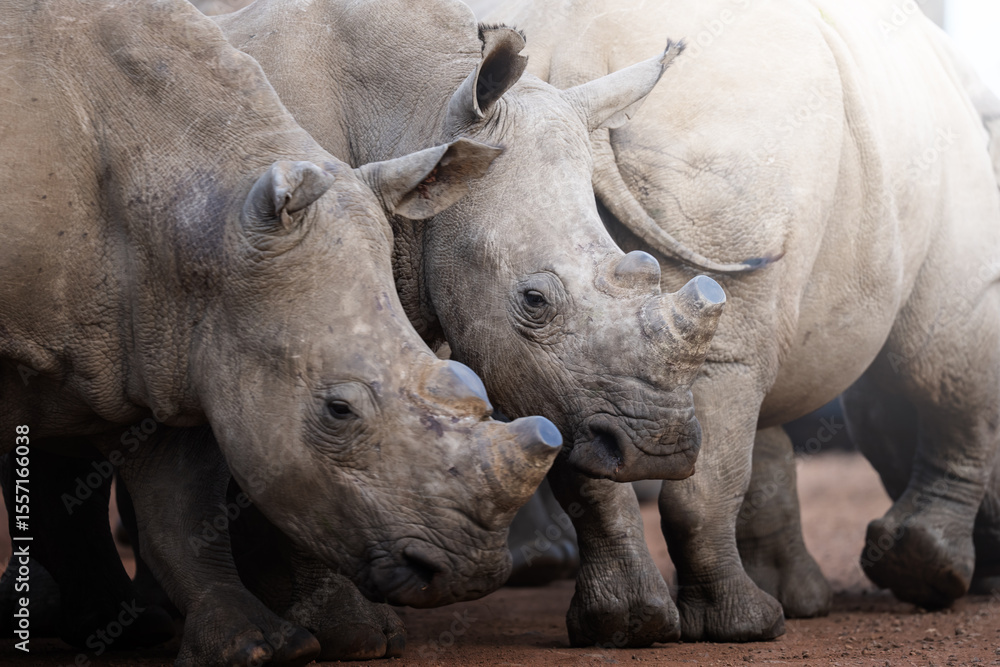 Two rhinos engage in a forceful dominance display, pushing and shoving each other on the open savanna, capturing raw power and territorial behavior during a safari game drive in South Africa. Two rhinos engage in a forceful dominance display, pushing and shoving each other on the open savanna, capturing raw power and territorial behavior during a safari game drive in South Africa.