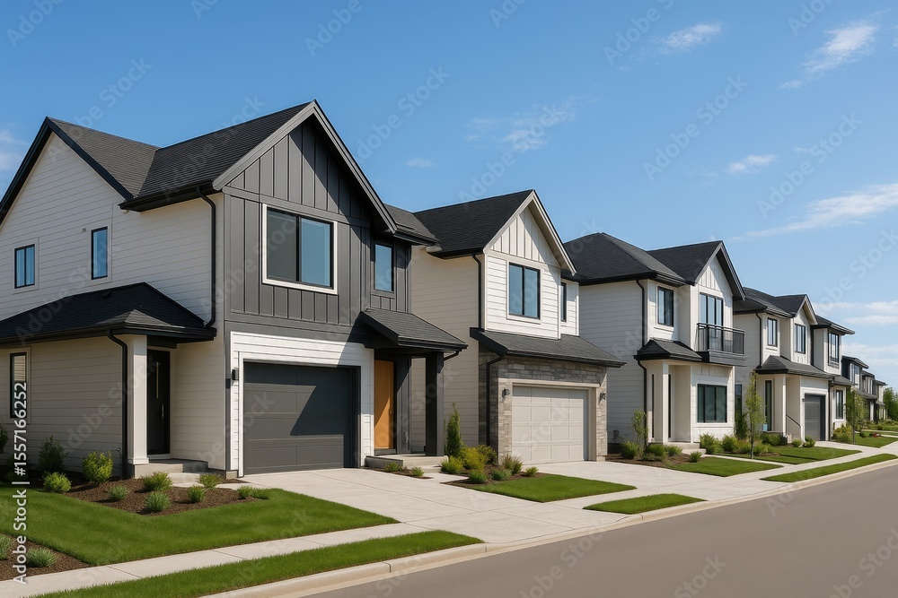 Contemporary standalone houses lined up along a street under a clear blue sky Contemporary standalone houses lined up along a street under a clear blue sky