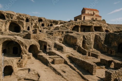 Ancient stone-carved settlement remains in the Caucasus region