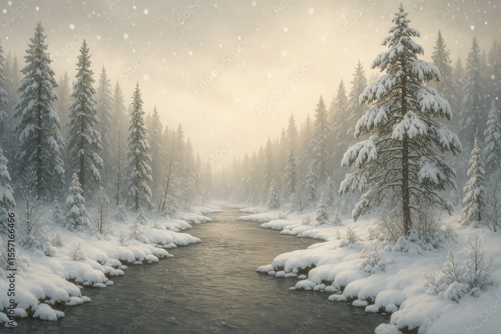 Naklejka premium Winter scene featuring a snowy river landscape