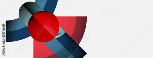 Abstract geometric composition. Red sphere intersects blue shapes, creating dynamic visual effect. Minimalist design, clean lines, modern aesthetic.