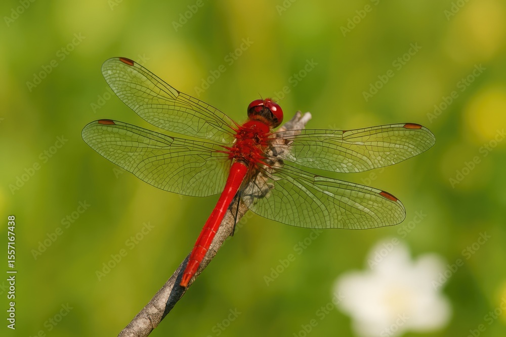 A dragonfly with ruby-colored wings resting on a branch to soak up the sunlight. A dragonfly with ruby-colored wings resting on a branch to soak up the sunlight.