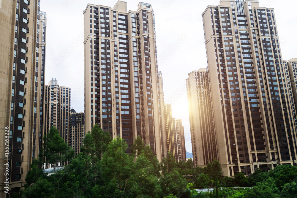 Fototapeta premium Facade of crowded residential buildings