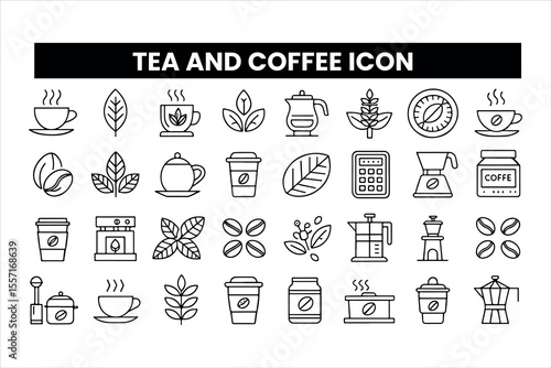 Set of  outline icons related to tea and coffee Linear icon collection. Editable stroke. Vector illustration