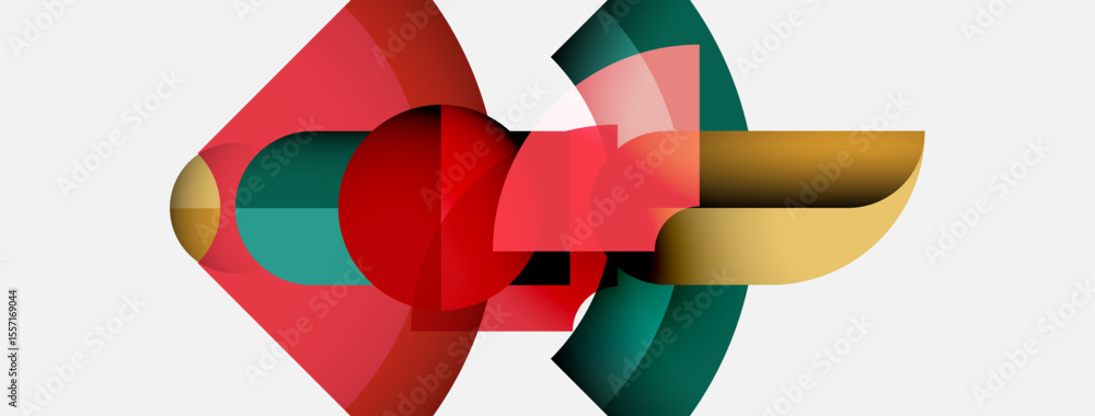 Abstract composition features overlapping geometric shapes. Red, gold, green hues dominate design. Minimalist style, modern aesthetic. Abstract composition features overlapping geometric shapes. Red, gold, green hues dominate design. Minimalist style, modern aesthetic.