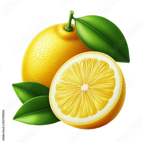  Fresh Lemon with Attached Green Leaves, Shiny Rind, and a Cut Wedge Beside It, Isolated on a Pure White Background Conveying a Citrus Freshness Feel