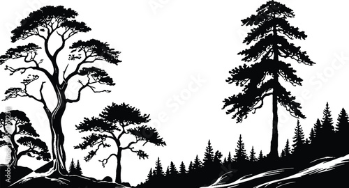 Monochrome Silhouette Landscape Featuring Various Trees and a Forested Hillside
