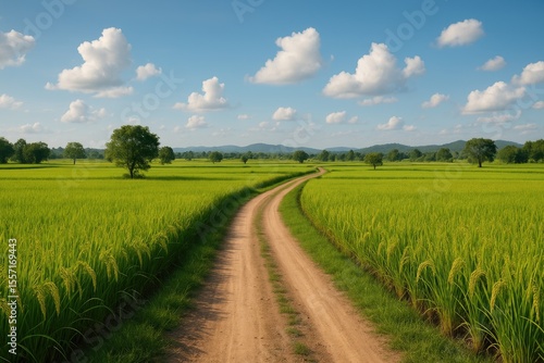 Scenic farmland with a rural road through lush rice paddies