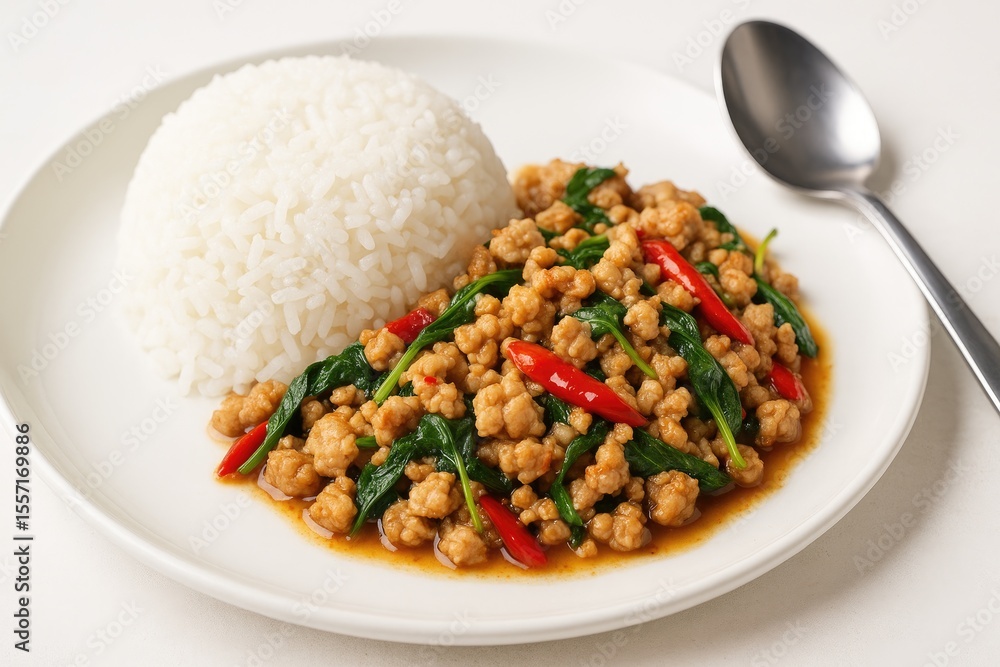 Delicious Thai dish featuring rice, stir-fried pork, and fresh basil served with a spoon Delicious Thai dish featuring rice, stir-fried pork, and fresh basil served with a spoon