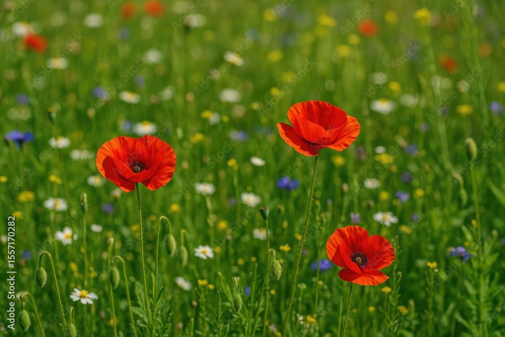 Fototapeta premium Wildflowers and vibrant red poppies blooming across a lush meadow