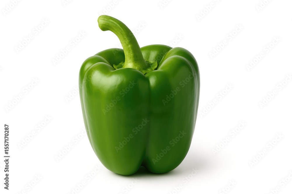 Fresh green bell pepper displayed on a plain white surface Fresh green bell pepper displayed on a plain white surface