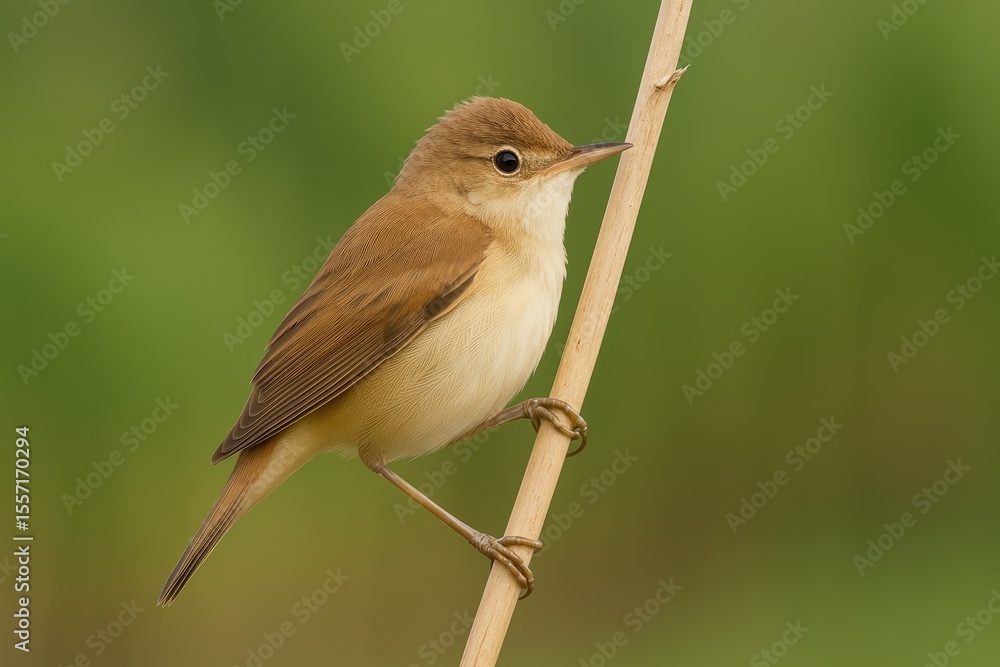 Fototapeta premium A small bird perched on a dry reed stem against a lush green backdrop