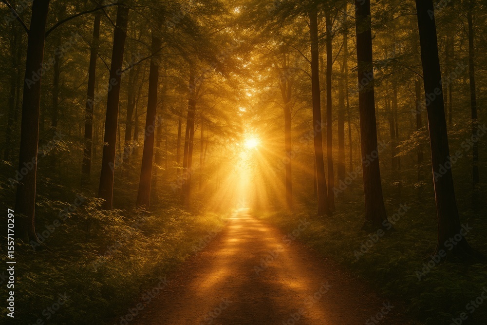 Obraz premium Morning sunlight filters through a dense woodland trail, showcasing vibrant natural hues and high contrast, with an inviting path toward the illuminated horizon.