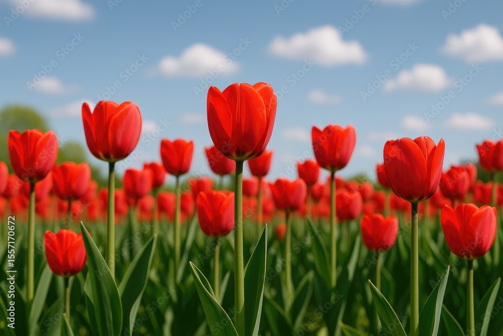Obraz premium Bouquet of vibrant red tulips against a natural setting
