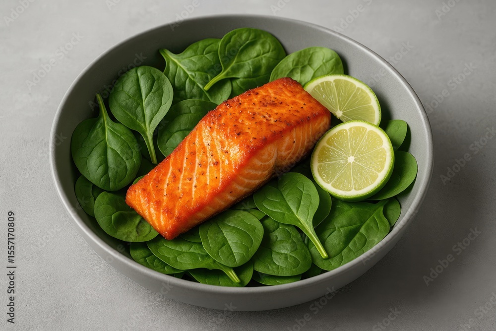 Fresh green spinach and crispy red salmon served in a grey bowl with lime wedges on a concrete surface Fresh green spinach and crispy red salmon served in a grey bowl with lime wedges on a concrete surface
