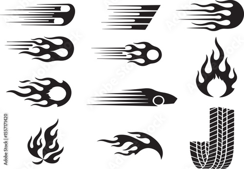Collection of black tribal flame and speed line graphics including a tire tread letter j and a stylized car shape