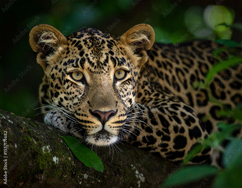 Fototapeta premium Leopard resting on tree branch in Western Ghats jungle, dappled light, natural habitat