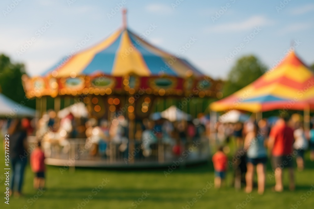 Fototapeta premium Vibrant carnival scene with colorful carousel and lively tents against a sunny sky, featuring families and lush green grass with a blurred background.