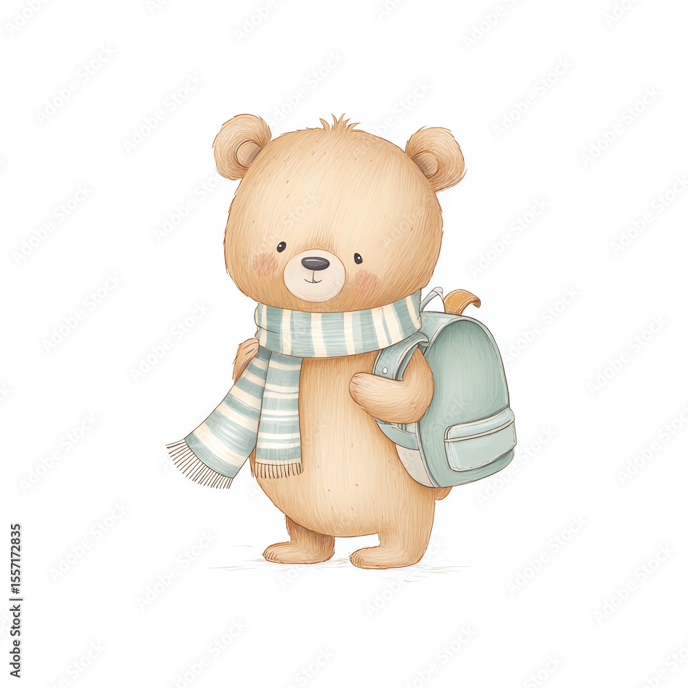 Fototapeta premium Adorable Bear Cub Ready for School, Wearing Scarf and Backpack. Watercolor Illustration