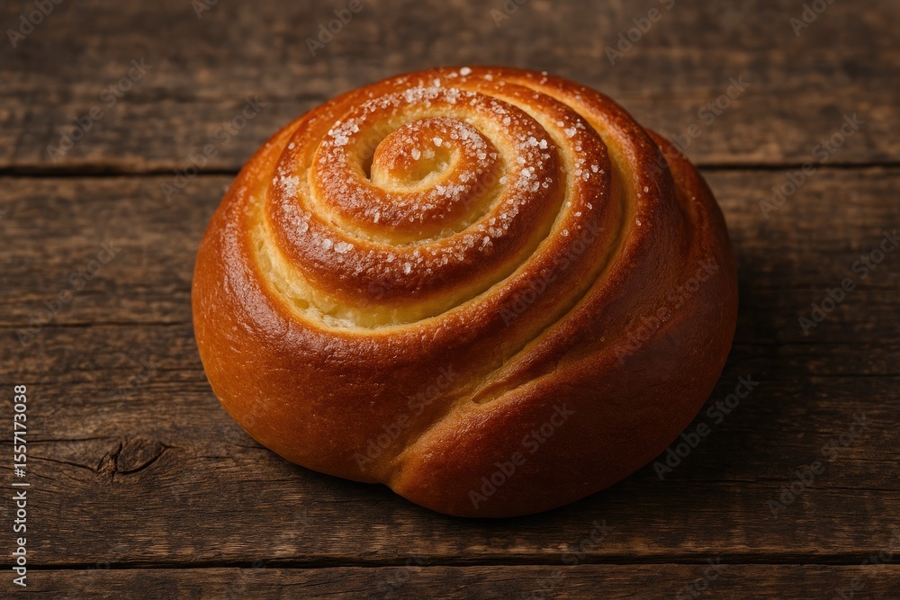Fototapeta premium Delicious soft bread roll placed on a vintage wooden surface with a blurred background.