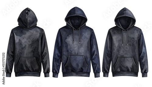 Three stylish hoodies with unique dark watercolor patterns for modern fashion trends.