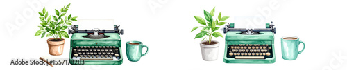 Vintage typewriter paired with a plant and coffee cup, evoking creativity and nostalgia.