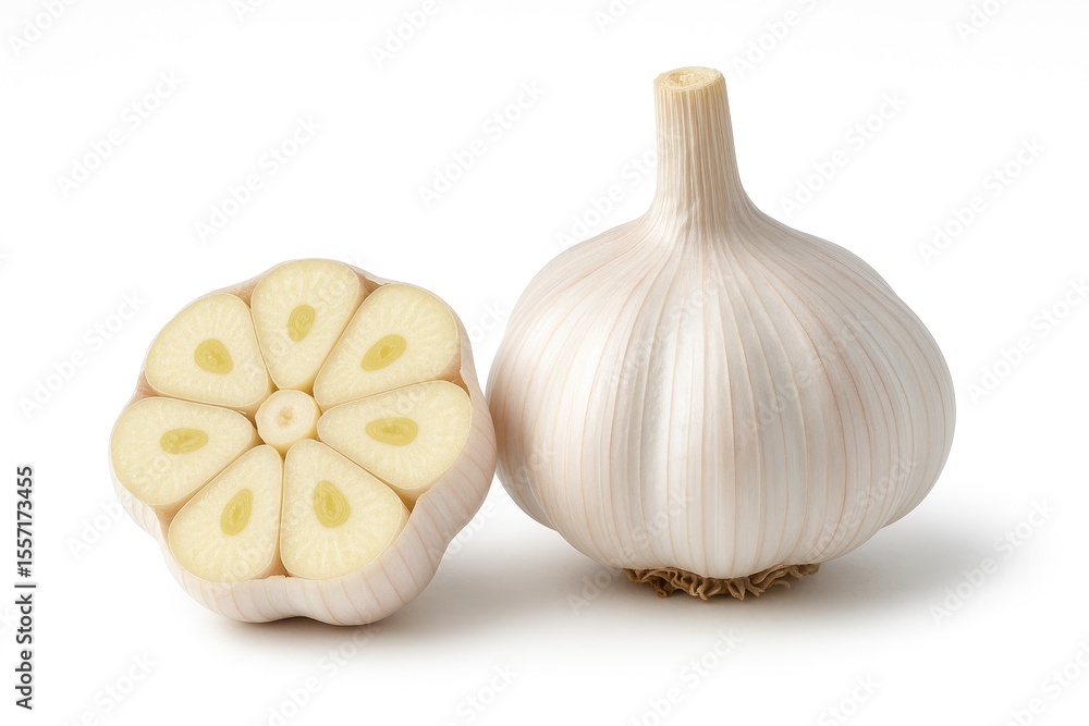 Obraz premium Sliced fresh garlic isolated on a white backdrop