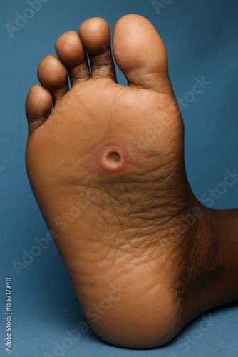 Close Up of Diabetic Foot Ulcer on Ball of Foot with Redness on Dark Skin Male, Medical Macro Photography on Blue Background