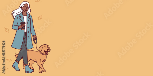 Dark-skinned elderly woman with white hair walks dog with coffee in hand in autumn park enjoying peaceful seasonal walk, banner, copy space