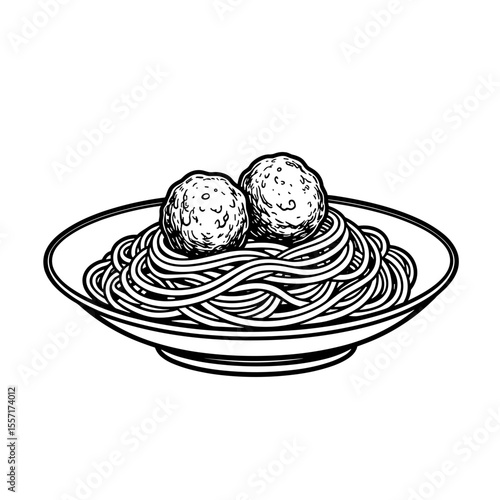 Italian spaghetti with meatballs line art on white background, culinary illustration