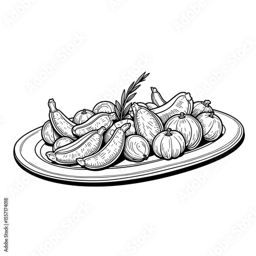 Spanish tapas platter line art, culinary illustration for menu design