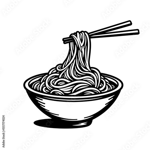 Line art style pad thai noodles with chopsticks, culinary illustration copyspace