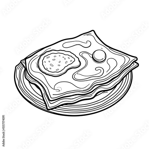 Line art of Malaysian roti canai with curry on a plate, culinary illustration