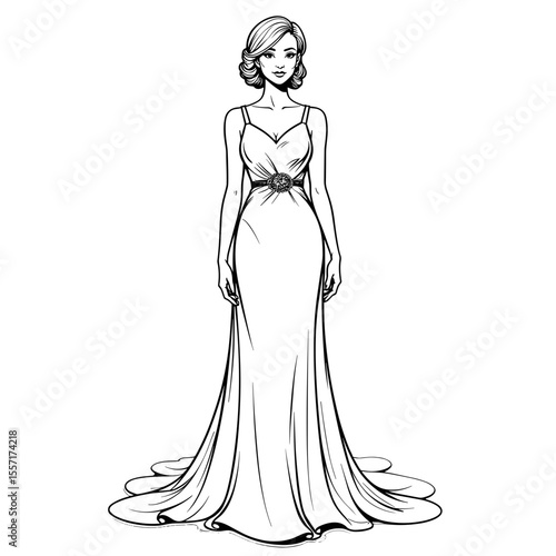 Empire waist maxi dress line art, fashion illustration elegance